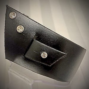 Black leather, cuff bracelet with diamante detail. Unique design