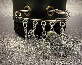 Leather cuff, black leather cuff, unique charm bracelet, bespoke design. Perfect for the unique fashionista. Gothic, Halloween, Rock Chick.