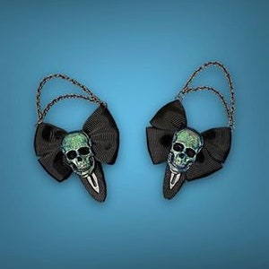 Skull hair bows, pair of hair bows, black bows, resin skull, quality hair clips, chameleon colour skull, unique, unusual gift, Halloween.