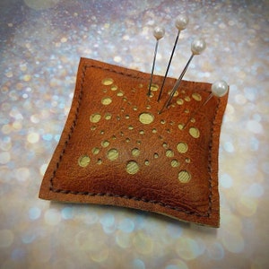 Pin cushion, leather pin cushion, dressmakers help, unique, one of a kind. Recycled leather, raw silk. Handmade, hand stitched.
