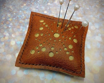 Handmade Leather Pin Cushion with Purple Raw Silk Detail