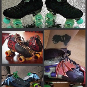 May include: Four pairs of roller skates with different colored wheels and wings. The wings are made of leather and are attached to the back of the skates. The skates are all black with different colored accents. The skates are on a variety of surfaces, including wood, concrete, and carpet. The image also includes a tattoo of a roller skate on a person's ankle.