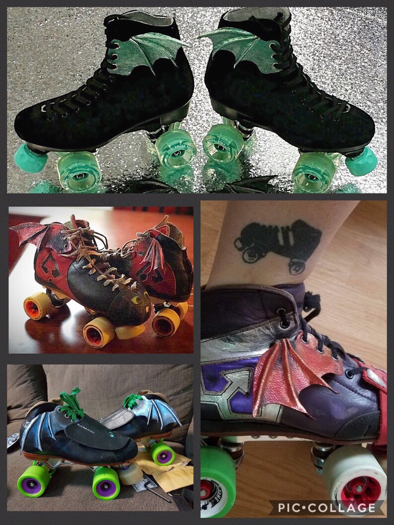May include: Four pairs of roller skates with different colored wheels and wings. The wings are made of leather and are attached to the back of the skates. The skates are all black with different colored accents. The skates are on a variety of surfaces, including wood, concrete, and carpet. The image also includes a tattoo of a roller skate on a person's ankle.