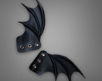 Matte Black Leather Bat Wings Shoe Accessories, Alternative Roller Skate Decor
