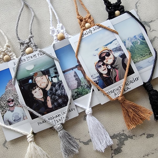 Macrame Polaroid Photo Rearview Mirror Car Charm and Oil Diffuser. Car Accessories. Rearview Mirror Hanging. Essential Oils.