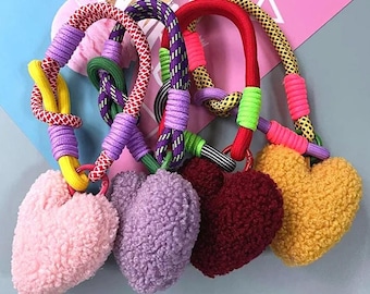 Y2K Fuzzy Plush Heart Keychain Charms, Colorful Rope Design, Cute & Stylish Accessories for Bags, Keys, or Gifts, with ring carabiner