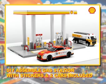 Gas Station Toy Set diorama with Stickers and 2 Diecast Cars – Fun Assembly Playset for Kids
