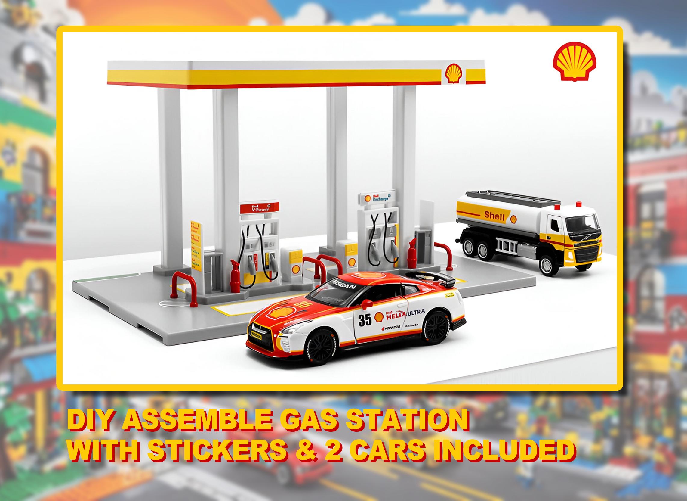 Gas Station Toy Set Diorama With Stickers and 2 Diecast Cars – Fun
