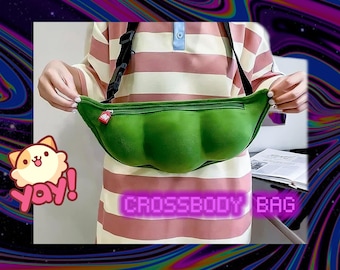 Crossbody Bag in shape of Edamame Peapod – Cute Plush Waist Bag, casual, great funny gift