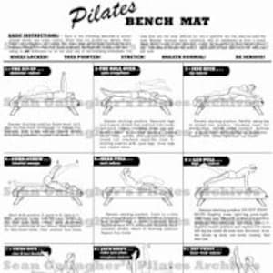 May include: A black and white illustration of a Pilates bench mat exercise guide. The guide shows 12 different exercises with instructions for each. The exercises include:  "Back Lacher", "Toe Pointed", "3-Five Roll Over", "Stretch", "Ankle Normal", "Be Heroic", "5-Straight Arm", "5-Rear Roll", "5-Side Push", "5-Rear Hands", "5-Rear Hands", "5-Deep Twist", "5-The Diver", "5-Torso Chester", "5-Back Stretch".