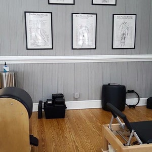 May include: A Pilates studio with a wooden floor, a reformer, and five framed anatomical charts on the wall. The charts are labeled "The Pilates Studio" and show the muscles of the human body.