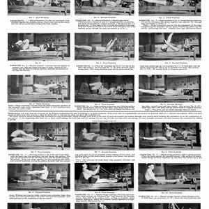 May include: A black and white image of a vintage Pilates exercise chart. The chart features a series of photos demonstrating different exercises on a Pilates reformer machine. The chart is titled "The "Pilates" The "101" Gymnasium Exerciser" and is copyrighted 1928 by Joe Pilates.