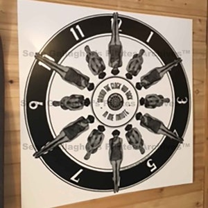 May include: A black and white clock face with a circle of figures in various poses around the outside. The clock face has the text "Get Joe's Commando Exercise on Your wall today" at the top and "©1992-2021 Richtone Design Group LLC" at the bottom.