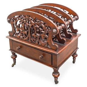 Antique Canterbury Magazine Rack with Intricate Carving