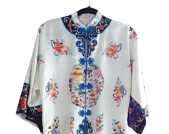 REDUCED BY A HUNDRED.  Vintage White Silk Chinese Elaborately Embroidered Robe House and Goldfish