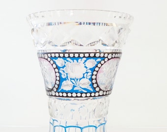 Cut Crystal and Etched Glass Vase with Colored Trim