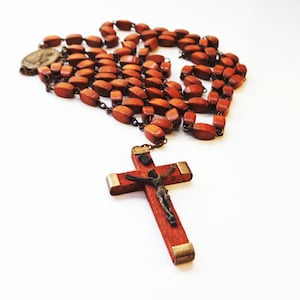 Carved Wood Rosary Beads and Cross with Crucifix and Brass Fittings