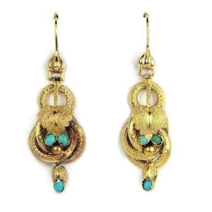 14K Gold Etruscan Revival Dangle Drop Earrings with Turquoise Antique