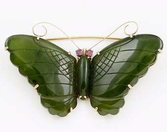 14K Jade and Ruby Butterfly Pin Large and Gorgeous