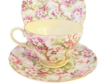 Shelley Maytime Chintz Cherry Blossom Trios Plate, Cups and Saucers