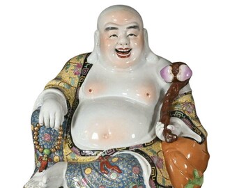 14" Colorful Chinese Happy Buddha Extraordinary Details Signed on Base