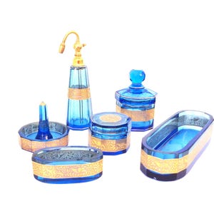 Blue Moser Vanity Set with Gilt Frieze of Birds 8 Pieces