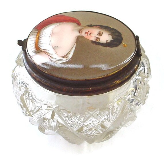 Hand Painted Porcelain Topped Crystal Dresser Jar - image 5