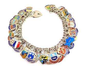 Sterling Silver Travel Charm Bracelet: 52 Enamel Souvenir Charms