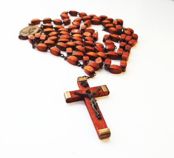 Carved Wood Rosary Beads and Cross with Crucifix … - image 1