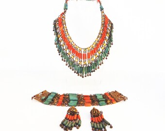 Egyptian Revival Parure (Set with Necklace, Bracelet, Earrings) Coral and Turquoise