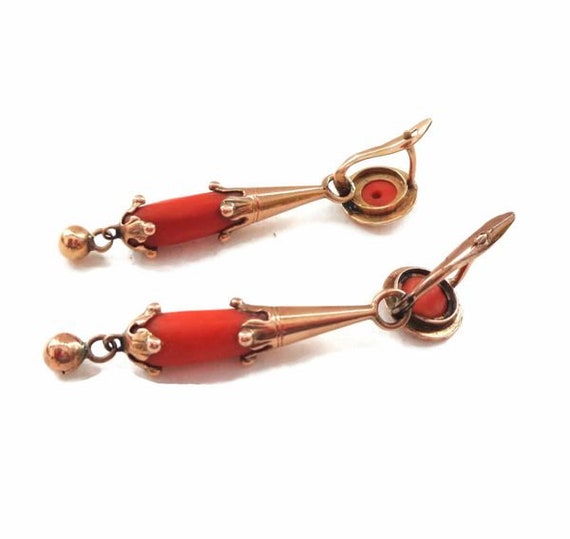 14K and Coral Antique Night and Day Earrings - image 3