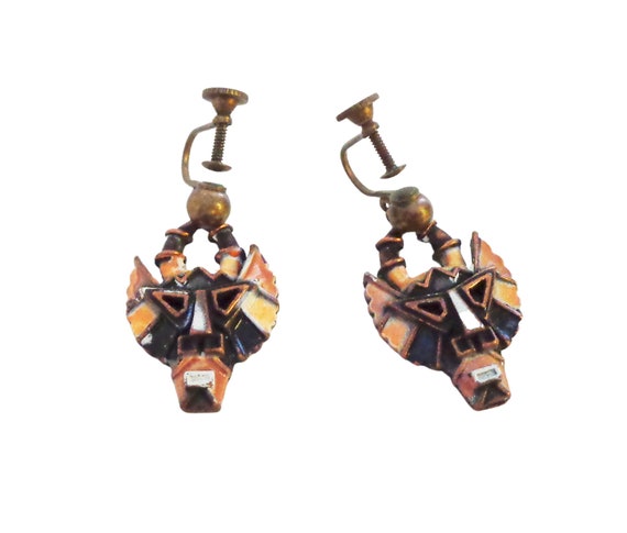 Rare Coro signed Ethnic Mask Enamel Earrings - image 1