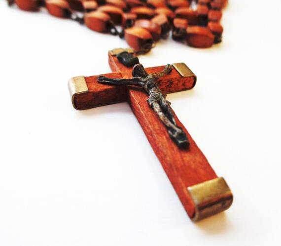 Carved Wood Rosary Beads and Cross with Crucifix … - image 3