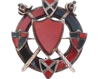 Scottish Victorian Black Agate Pin Silver with Crossed Swords Carnelian
