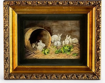 Framed Bunny Rabbits Painting on Porcelain