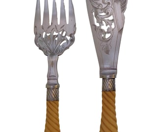 Victorian Ornately Decorated Silverplate large Fish Fork and Knife Set
