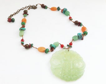 Carved Large Jade Pendant on Multi-color Beaded Necklace
