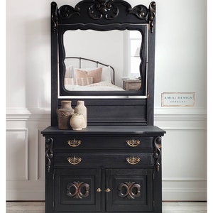 SOLD Antique Dresser with Mirror. Eastlake Furniture. Victorian Chest of Drawers. Black Painted Washstand. Farmhouse Bedroom Storage image 4