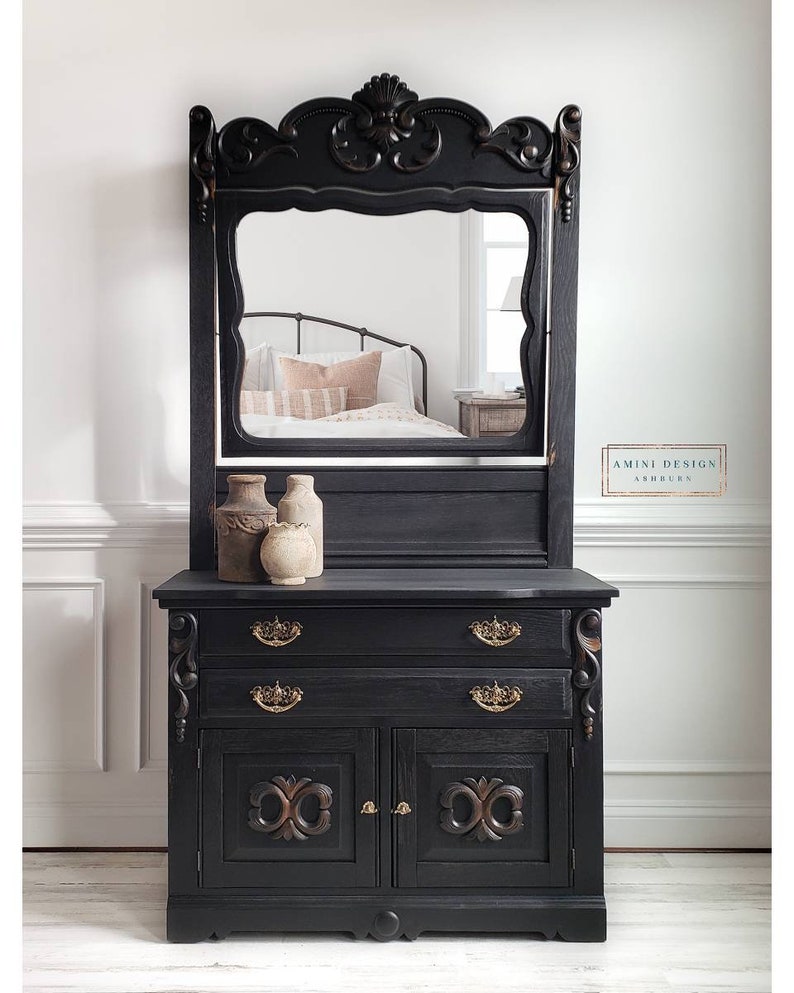 SOLD Antique Dresser with Mirror. Eastlake Furniture. Victorian Chest of Drawers. Black Painted Washstand. Farmhouse Bedroom Storage image 4