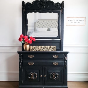 SOLD Antique Dresser with Mirror. Eastlake Furniture. Victorian Chest of Drawers. Black Painted Washstand. Farmhouse Bedroom Storage image 3