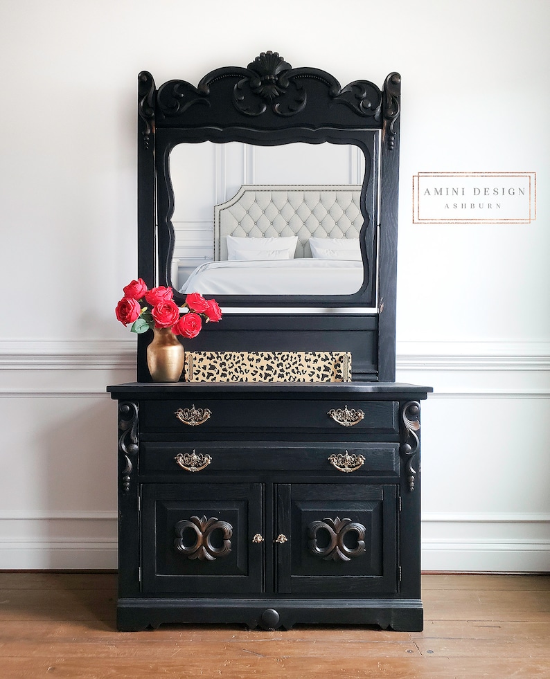 SOLD Antique Dresser with Mirror. Eastlake Furniture. Victorian Chest of Drawers. Black Painted Washstand. Farmhouse Bedroom Storage image 3