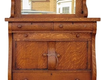 Antique Tiger Oak Empire Dining Buffet with Mirror | Custom Painted or Stained Sideboard