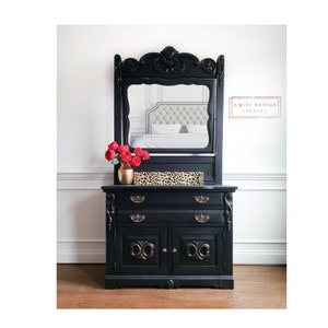 SOLD Antique Dresser with Mirror. Eastlake Furniture. Victorian Chest of Drawers. Black Painted Washstand. Farmhouse Bedroom Storage image 2