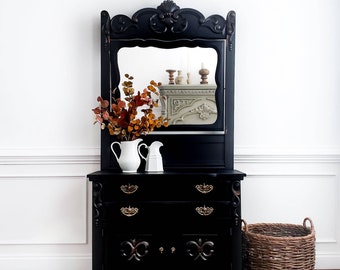 SOLD -- Antique Dresser with Mirror. Eastlake Furniture. Victorian Chest of Drawers. Black Painted Washstand. Farmhouse Bedroom Storage