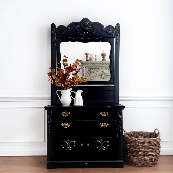 Antique Eastlake Dresser with Mirror: Black Victorian Chest of Drawers - Available to Customize