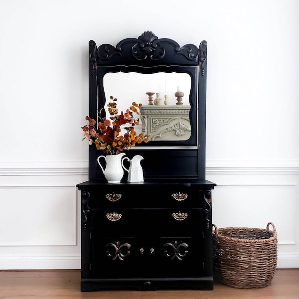 SOLD -- Antique Dresser with Mirror. Eastlake Furniture. Victorian Chest of Drawers. Black Painted Washstand. Farmhouse Bedroom Storage