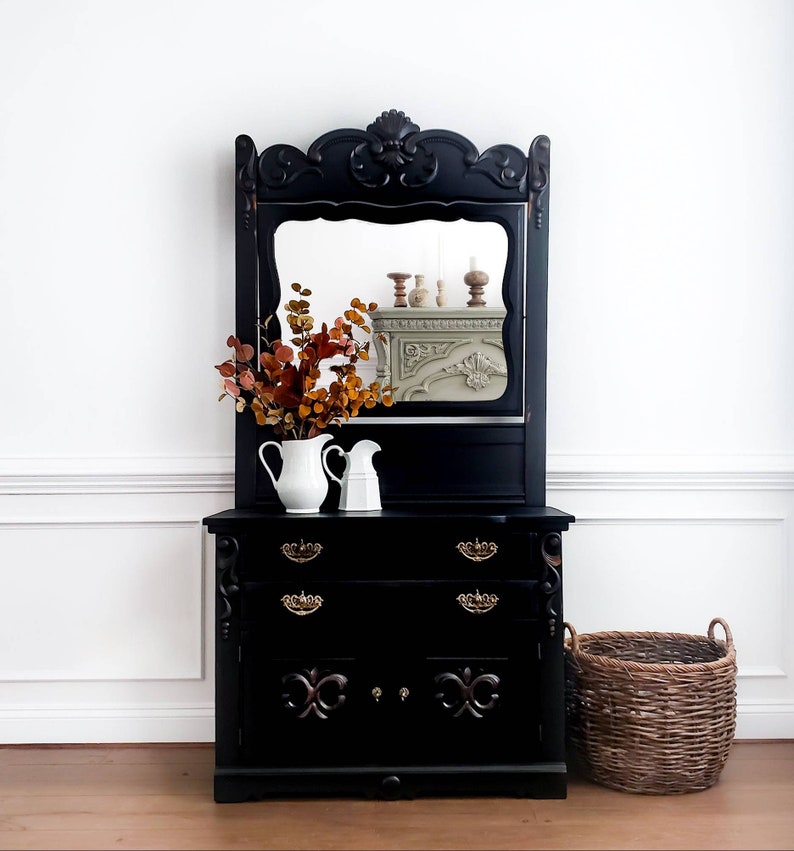 SOLD Antique Dresser with Mirror. Eastlake Furniture. Victorian Chest of Drawers. Black Painted Washstand. Farmhouse Bedroom Storage image 1