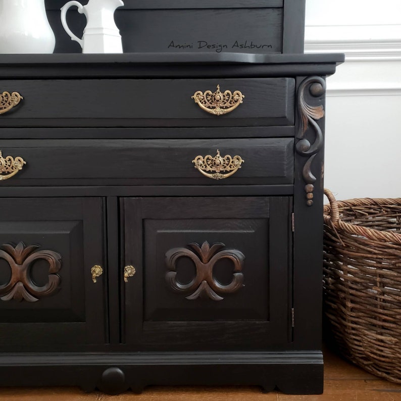 SOLD Antique Dresser with Mirror. Eastlake Furniture. Victorian Chest of Drawers. Black Painted Washstand. Farmhouse Bedroom Storage image 7