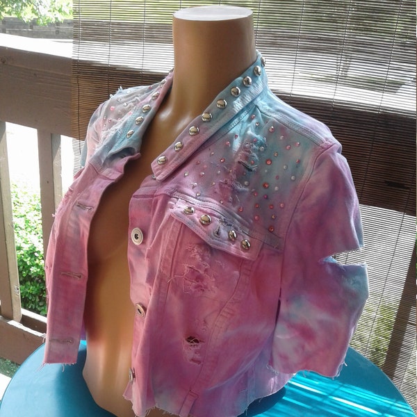 Denim Jean Jacket, Womens large Jean Jacket,  Pink Jean Jacket, Punk Studded Jean Jacket, Tie Dye Jean Jacket, Ripped Denim Jean Jacket