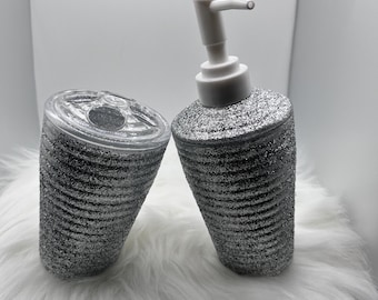 2Pc Silver Bathroom Set, Glittery Bathroom Accessory Set- Sparking Sliver bathroom bling- Silver liquid dispenser and toothbrush holder